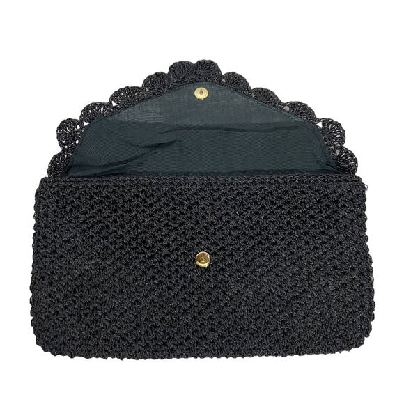 Vintage Black Crochet Clutch Purse, Scalloped Envelope, Made in Japan, Lined - Picture 5 of 6